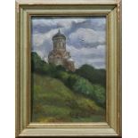 Russian School (20th century), Church on a Hillside, oil on cardboard, unsigned, overall (with