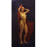 Elias Rivera (American/Guatemalan, b. 1937), Nude in red veil, oil on canvas, signed lower right,