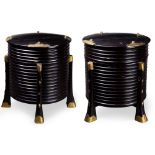 (lot of 2) Japanese pair of seashell game box (kaioke), dark brown lacquered cylindrical with