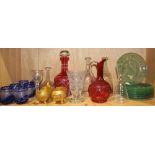 One shelf with European glass including Bohemian footed pokal, decanter, (6) cobalt cut to clear