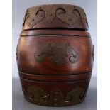 Japanese wooden barell shaped container, with brass decoration, character "fuku" (good fortune) on