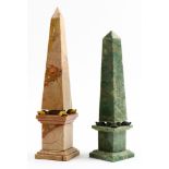 (lot of 2) Neoclassical style marble obelisks, one executed in green the other in orange, largest: