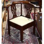 Georgian mahogany corner chair, having pierced splats and rising on square legs, 31"h x 31"w