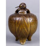 Japanese patinated bronze censer, Meiji-Taisho period, pomegranate form on tripod, a mouse as a