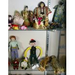(Lot of approx. 30) Two shelves of assorted dolls, including Native American, Indian, corn husk,