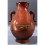 Japanese copper vase, ovoid body with handles, with silver inlay of chrysanthemum and aoi, on