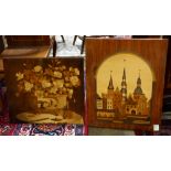 (lot of 3) Inlaid wood wall panels, one depicting figures in a naturalistic setting, the other of