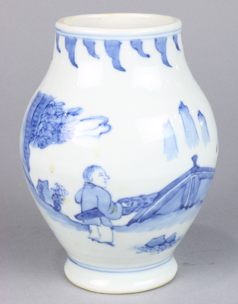 A Chinese blue and white vase, depicting official and attendant among the mountains and bridge, 6.