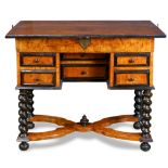 North European burl elm and ebony fall front writing desk, having a rectangular top, with ebonized