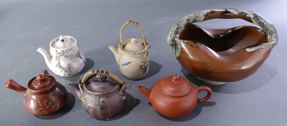 (lot of 6) Japanese collection of five miniature kyusu teapots; together with ceramic hanakago