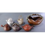 (lot of 6) Japanese collection of five miniature kyusu teapots; together with ceramic hanakago