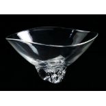 Steuben crystal center bowl, having a tapered form, rising on an organic base, underside signed