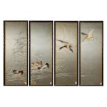 (lot of 4) Japanese silk embroidery, Meiji period, two with a wild goose each in the air, one with a