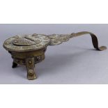 Japanese bronze/brass handheld candlestick on tripod, 19th century, circular main body with a long