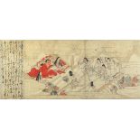 Japanese woodblock prints, 19th century, diptych image from the legend of oni (devils) and animals