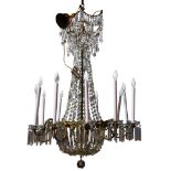 A continental crystal ballroom chandelier, the tiered form with crystal prisms surmounting the