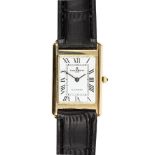 Baume & Mercier 14k yellow gold, leather wristwatch Dial: rectangular, white, black Roman numeral