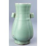 Chinese Longquan Celadon Guan-Type Lobed Vase, of pear shape quatre-lobed body flanked by a pair