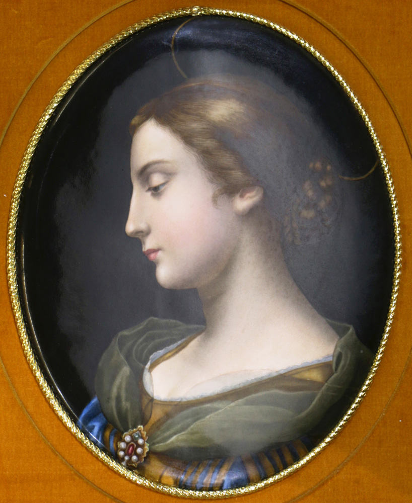 Framed KPM porcelain plaque, depicting a beauty, gazing downward with her hair in a bun, and dressed - Image 2 of 4