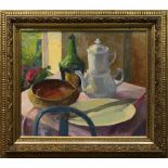 Greta Waldas (American, 20th century), Untitled (Table Still Life), 1966, oil on board, signed and