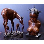 (lot of 2) African wood carved sculptures, one depicted a female gazing downward 19"h, together with