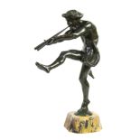 Manner of Paul Manship (American, 1885-1966), Pan with flute, bronze sculpture on marble base, bears