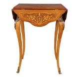 Louis XV style marquetry decorated drop leaf table, having a floral decorated top above the shaped