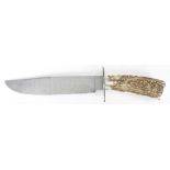 Dennis Riley Damascus steel Bowie knife with antler bone handle, blade: 9"l, overall: 13.5"l