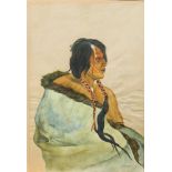 Follower of Karl Bodmer (American, 1809 -1893), Chief, watercolor, signed "Hanumann," lower right,