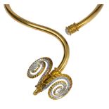 Diamond, ruby, 18k yellow gold ram's head necklace