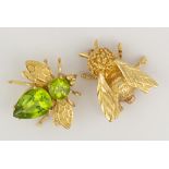 (Lot of 2) Peridot, 14k yellow gold bee brooches