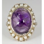 Amethyst, cultured pearl, 14k white gold ring