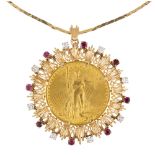 U.S. $20 gold coin, diamond, ruby, yellow gold pendant-necklace