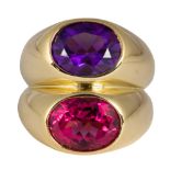 Tourmaline, amethyst, 18k yellow gold ring