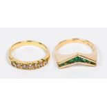(Lot of 2) Emerald, diamond, yellow gold rings