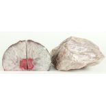 (lot of 3) Pink quartz specimen together with pair pink geode form bookends