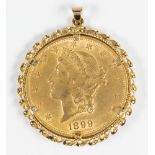 U.S. $20 gold coin, 14k yellow gold pendant