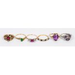 (Lot of 6) Multi-stone, gold rings