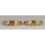 (Lot of 2) Diamond, emerald, ruby, 18k yellow gold rings