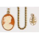 (Lot of 3) shell cameo, yellow gold jewelry