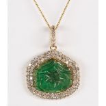 Carved emerald, diamond, 18k yellow gold pendant-necklace