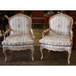 Pair Louis XV style Provincial white painted fauteuils