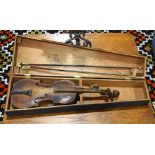 Violin in wooden case with two bows, one marked "Vuillaume"