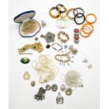 Collection of bakelite, plastic, glass, shell, sterling silver, silver, metal and costume jewelry