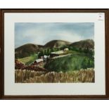 Watercolor, Country Farm Landscape