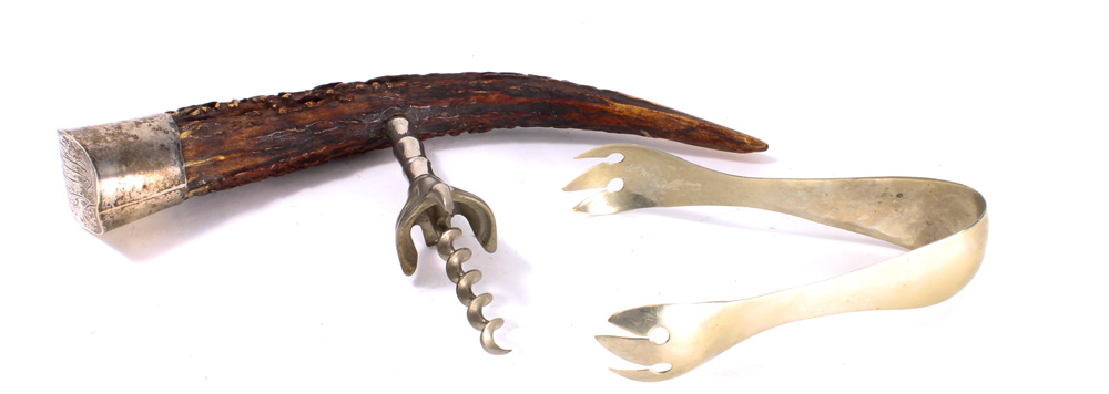 (lot of 2) Sterling mounted antler form bottle opener toether with a pair of ice tongs