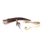 (lot of 2) Sterling mounted antler form bottle opener toether with a pair of ice tongs