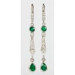 Pair of emerald, diamond, platinum, 14k white gold earrings