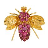 Ruby, 14k yellow gold bee brooch