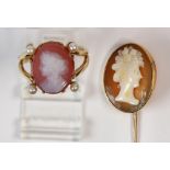 (Lot of 2) Cameo, cultured pearl and yellow gold jewelry